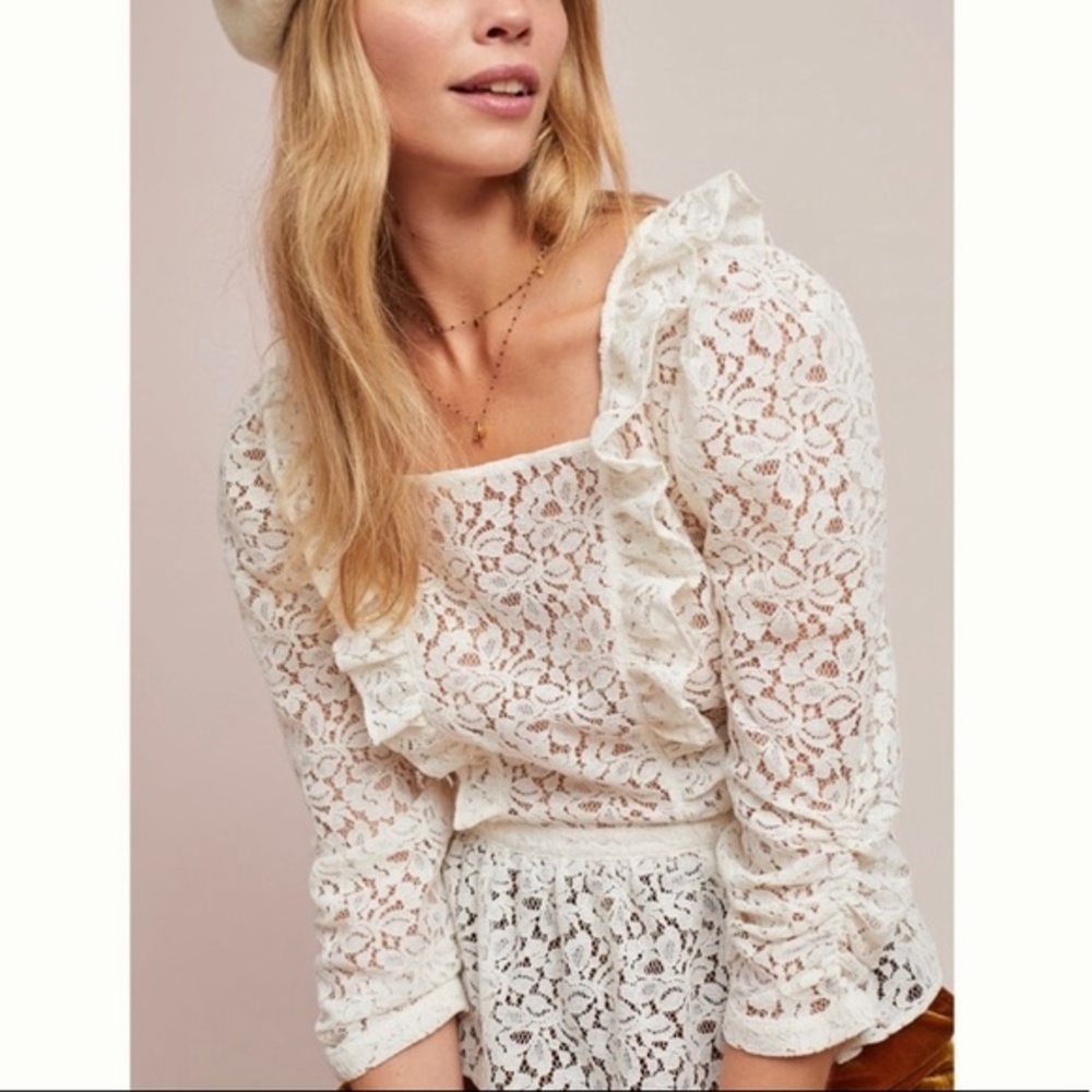 Meadow Rue Anthropologie Cream Ruffle Lace Peplum Blouse NWT Size 10